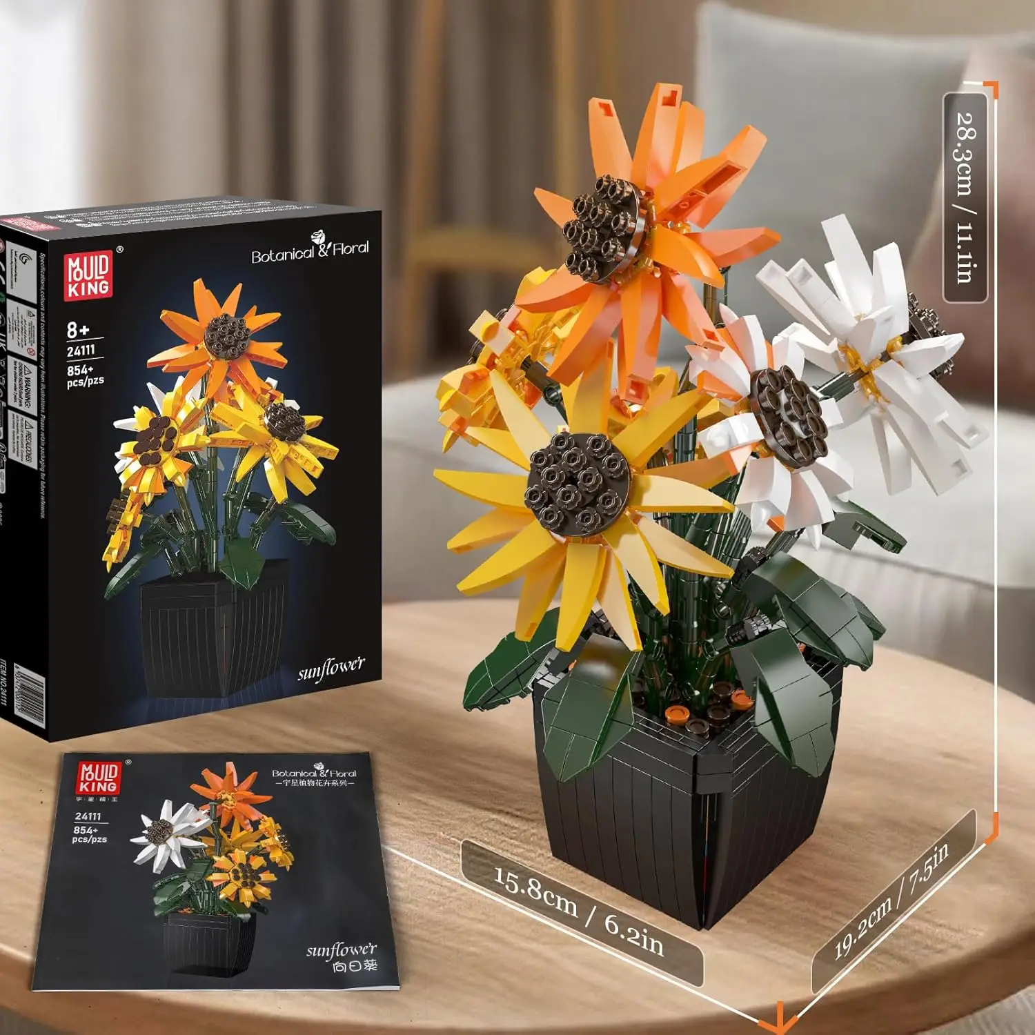 Mould King 24111 854 pezzi Set da costruzione realistico girasole con vaso, decorazione per la casa e l'ufficio per adulti, idea regalo