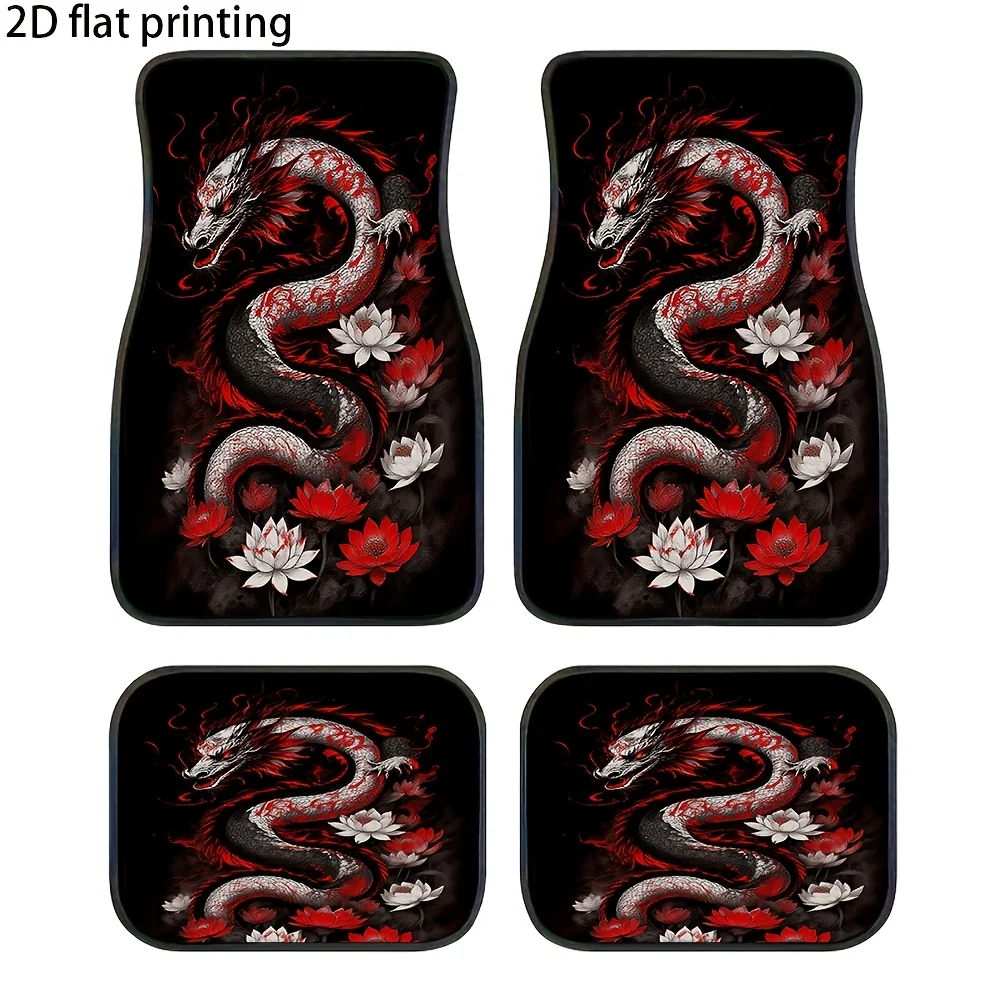 4pcs Car Floor Mats, Featuring A Red And White Dragon And For Lotus Pattern, Universal Car Mats, Made Of Polyester Fiber, Washab