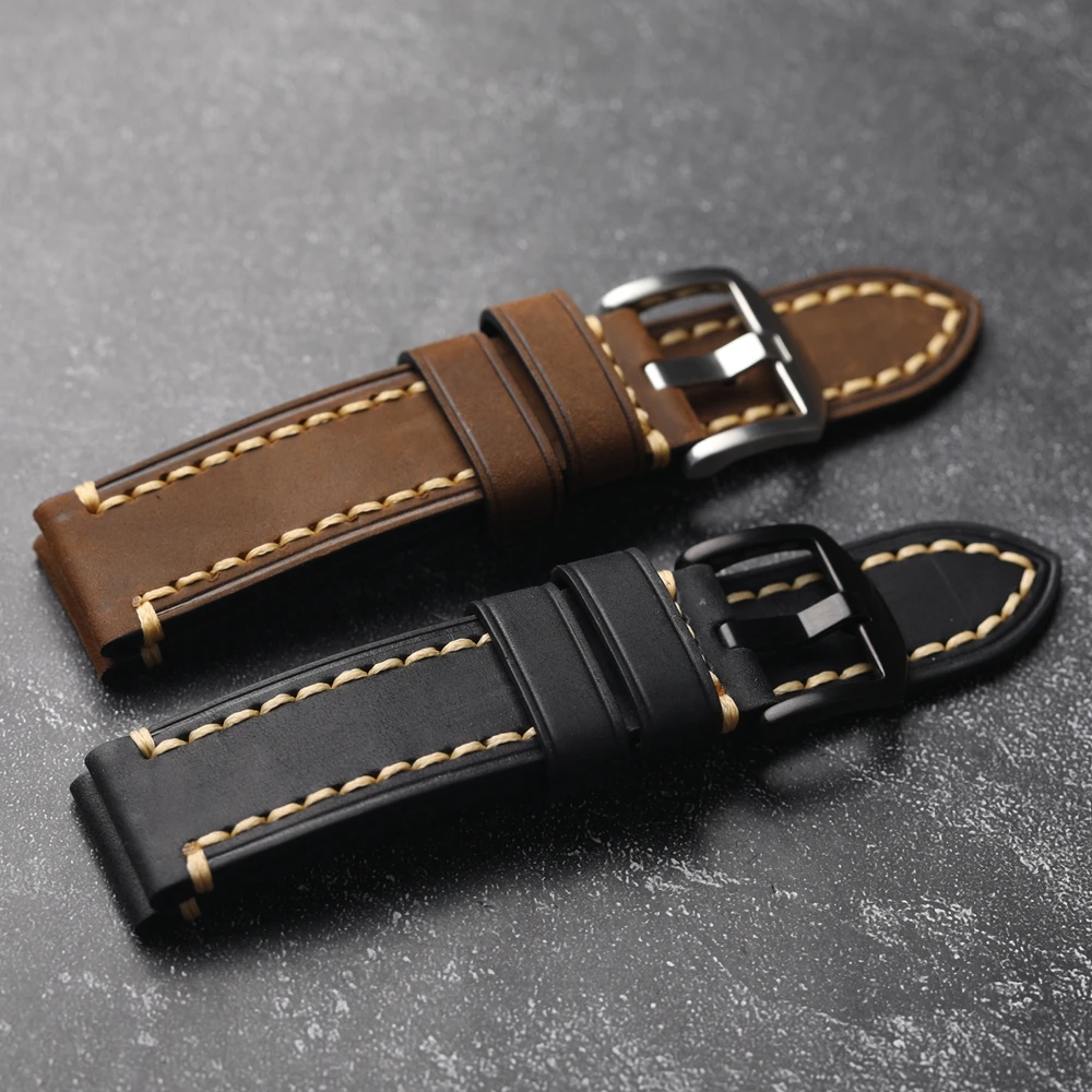 Handmade Vintage Brushed Crazy Horse Leather Strap 18MM 20MM 21MM 22MM 23MM 24MM 26MM Brown Black Soft Cowhide Bracelet