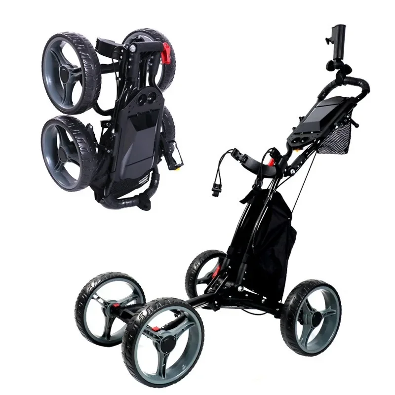 Premium Golf Push Cart with Easy-Fold Design - Stable 4-Wheel Base, Integrated Scoreboard, Secure Brake, and Adjustable Handle