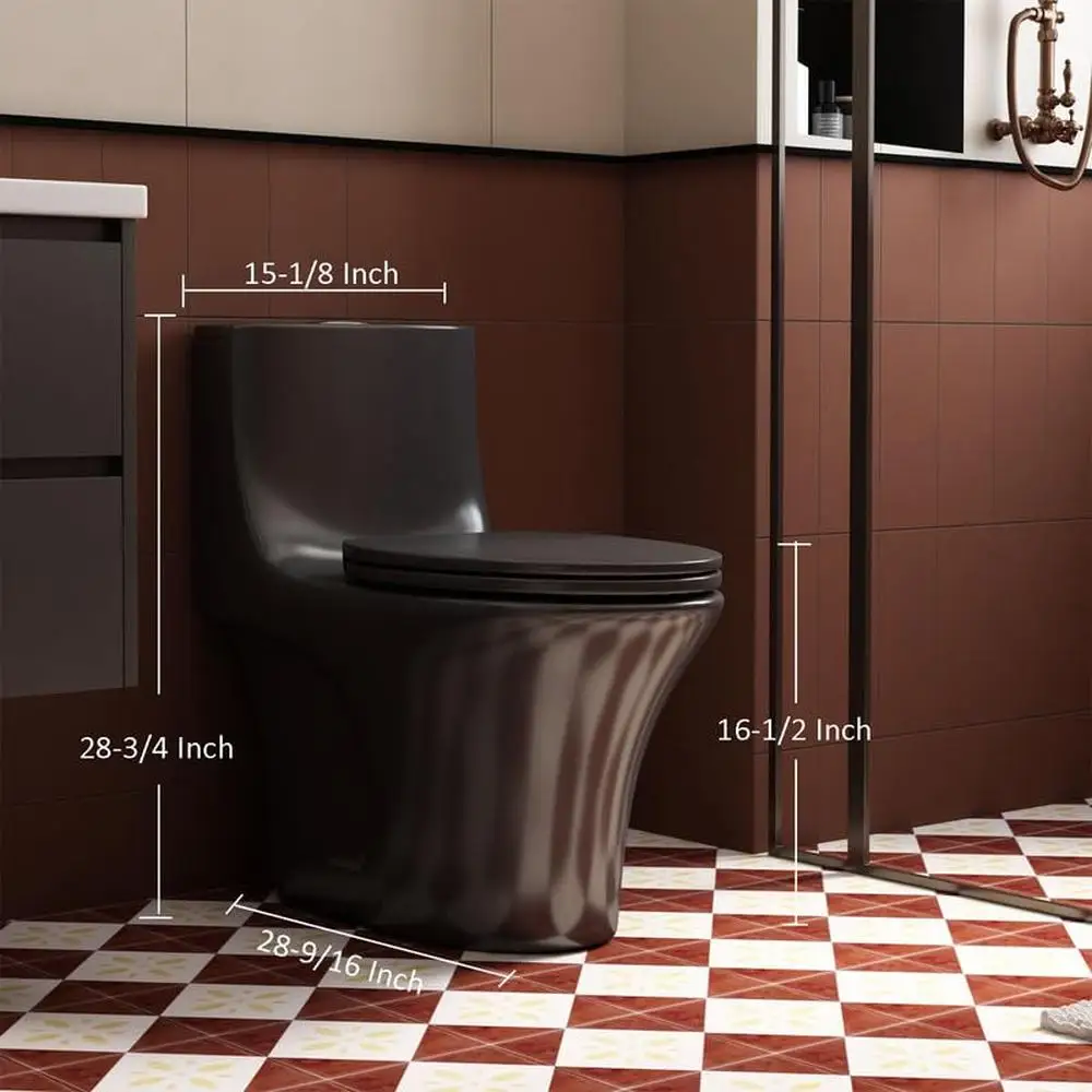 Modern Black One Piece Toilet Dual Flush 1.1/1.6 GPF Comfortable Seat ADA Height 16 1/2’’ Power Siphon Flushing Glossy Finish