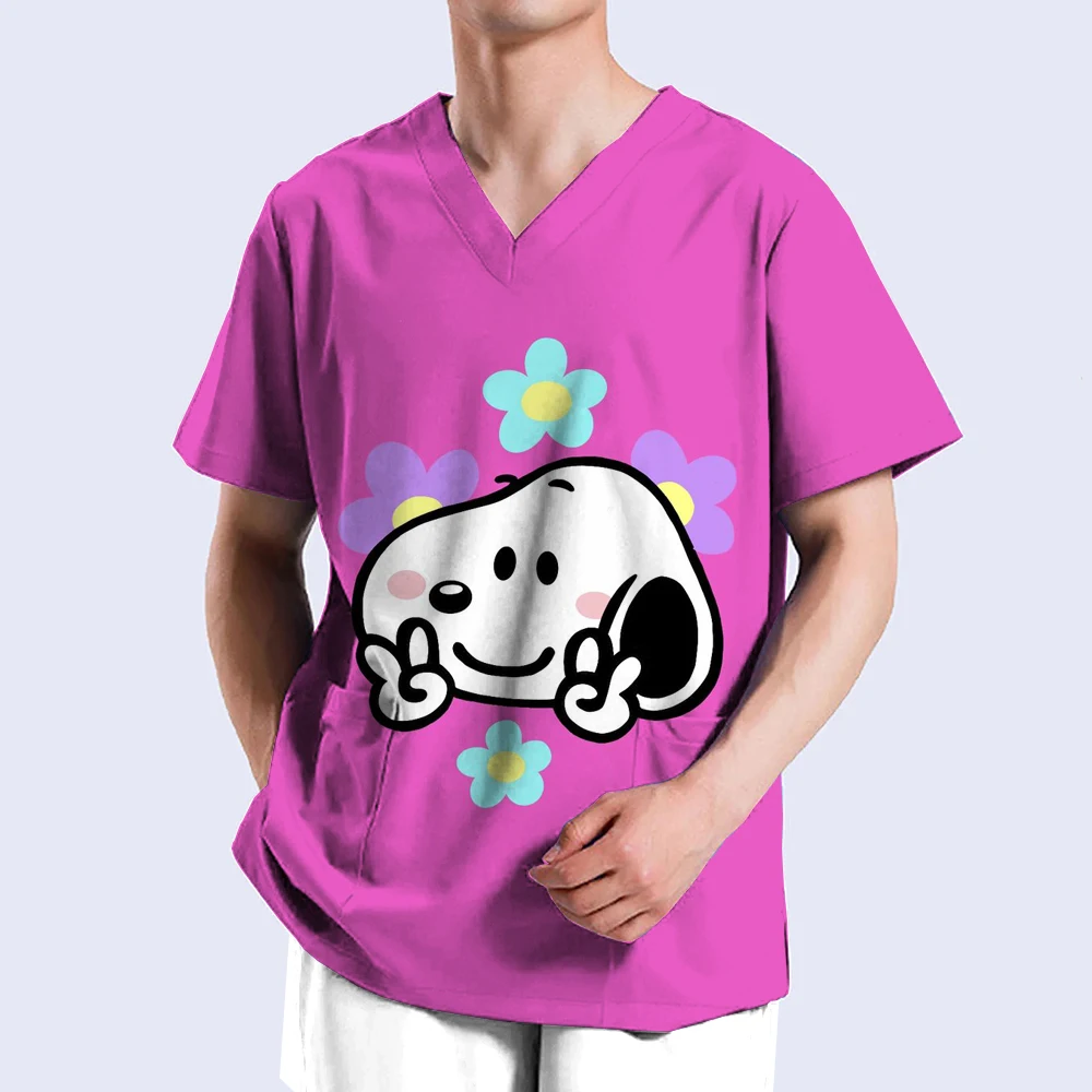 Męska sala operacyjna z nadrukiem Snoopy Medical Scrub Uniform Print Top Pet Grooming Clinic Nursing Short Sleeve Zoo Cleaning Work