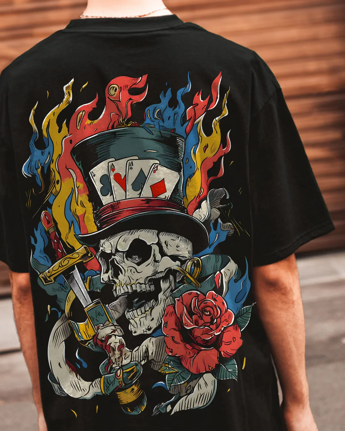 Back Design Blows Up The Street! Adult and Children Outlaw Aesthetics Colorful Skull Magician Print Pure Cotton T-shirt