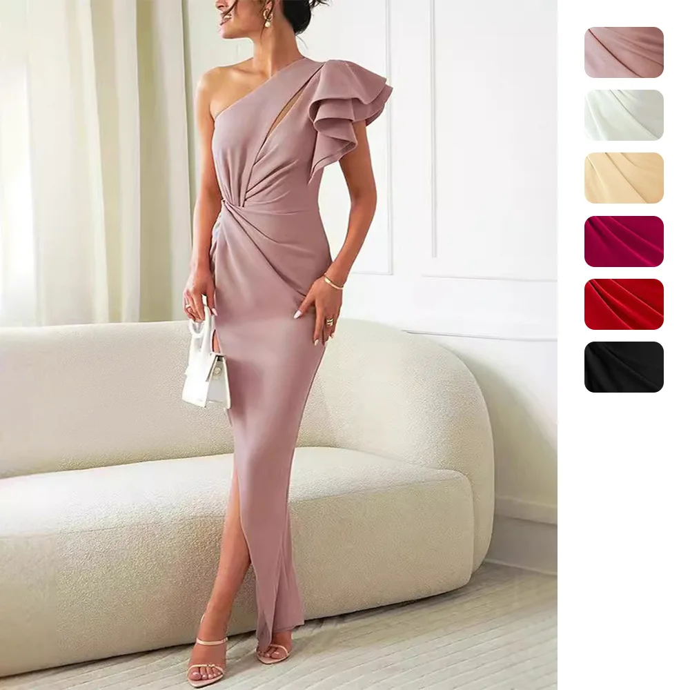 Women One Shoulder Ruffle Maxi Dress Twist Cutout Side Slit Bodycon Evening Party Wedding Guest Long Gown
