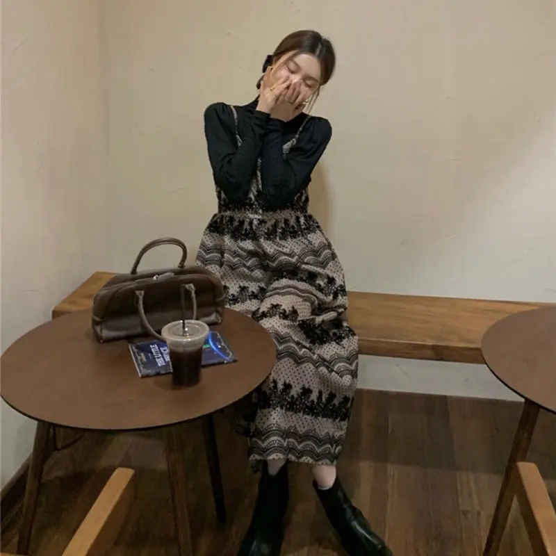 

2 Pcs Sets Women Long-Sleeve Basic Blouses New Autumn Midi Vintage Printed A-line Dress Elegant Lady Streetwear Harajuku Trendy