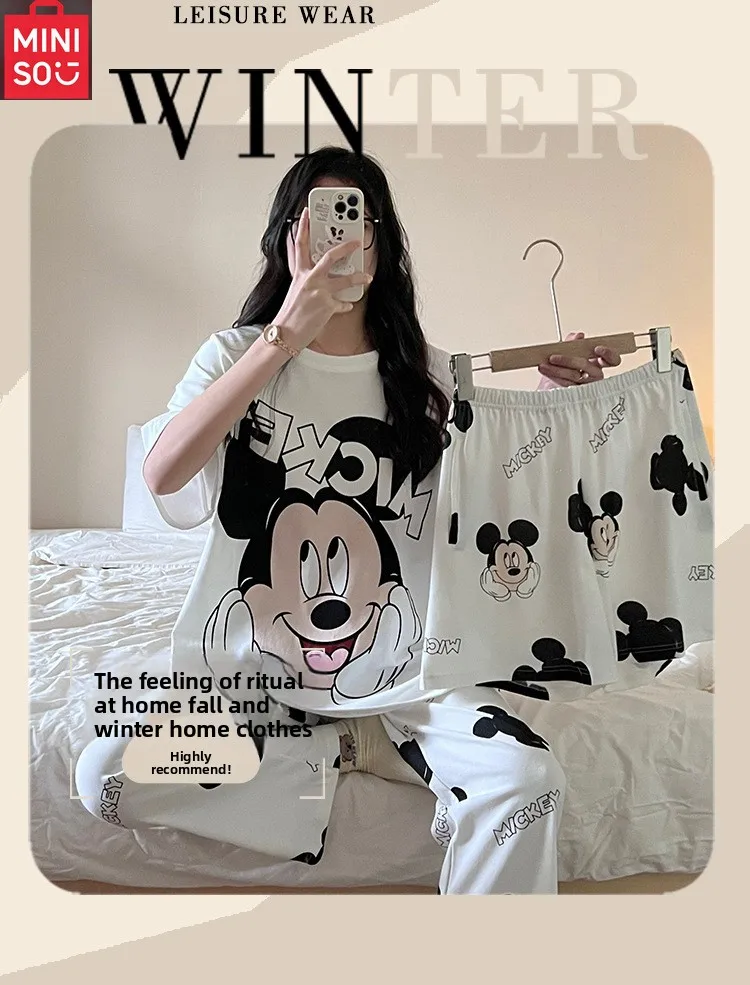 MINISO women's three-piece summer thin short-sleeved shirt and pants casual cute cartoon outer wear home wear