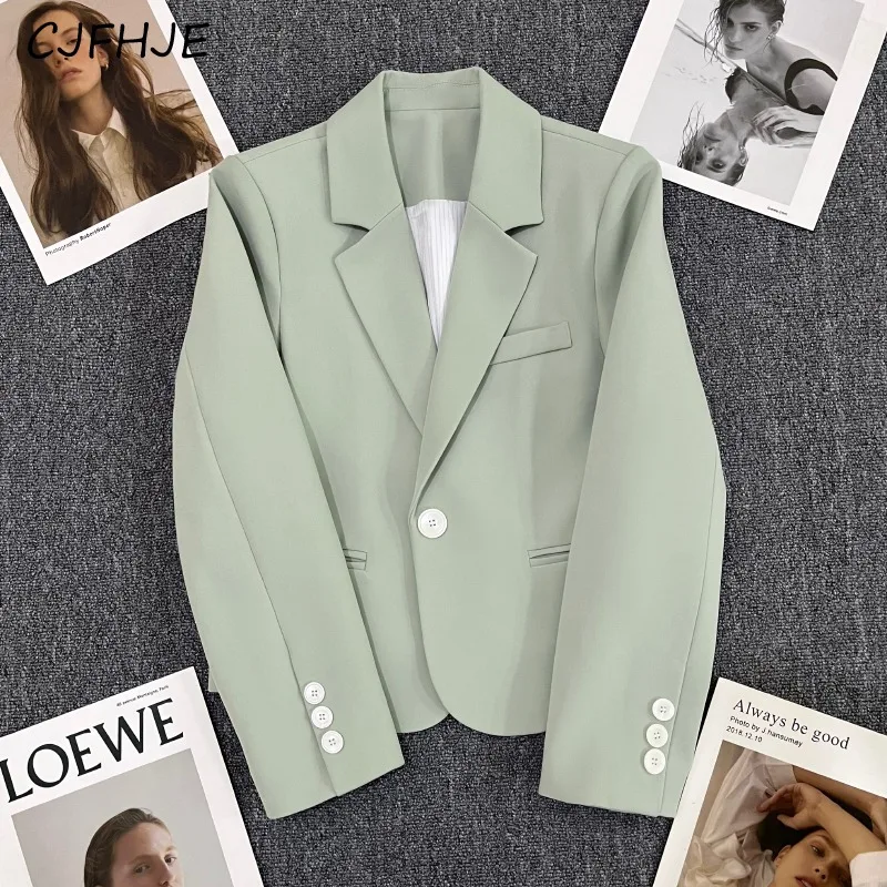 

CJFHJE New Women's One Button Casual Fashion Short Suit Coat Spring Korean Loose Versatile Women Jade Green Long Sleeved Coat