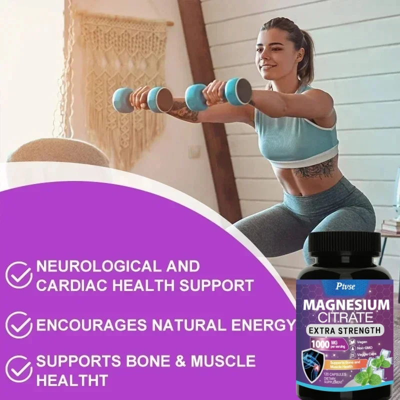 Ptvse Magnesium Citrate Capsules 1000 Mg - Maximum Absorption for Muscle, Nerve, Bone and Heart Health Gluten Free, Non-GMO