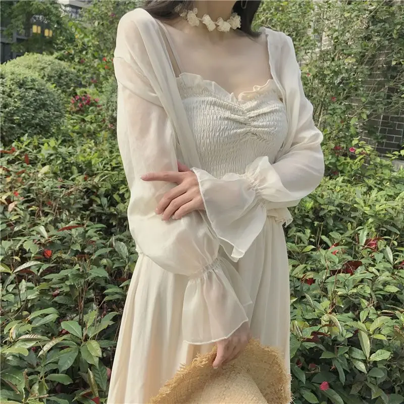 2024 Summer Cardigan Women Long-sleeved Solid Color Flare Sleeve Korean Style Office Lady Versatile Casual Chiffon Blouse Female