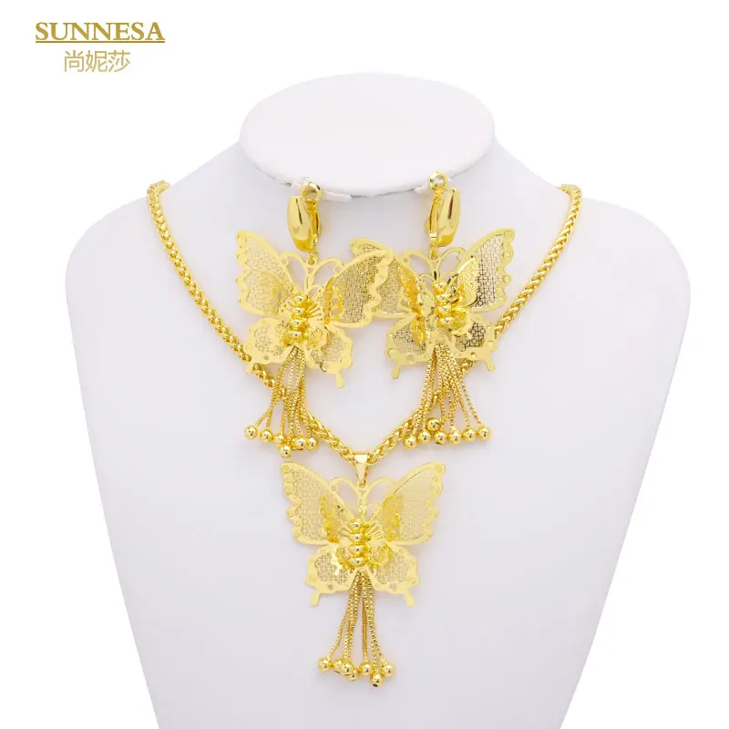 

SUNNESA Butterfly Necklace Tassel Earrings 18k Gold Plated Pendant Elegant African Jewelry Set for Women Party Wedding Jewellery