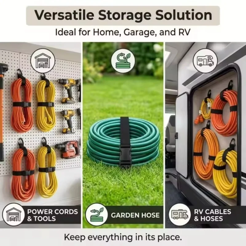 Schwarzer Verstellbarer Kabelorganisator mit 3-Achsen-Verschluss - Robuster Aufbewahrungsgurt für Werkstatt- und Garagenorganisation – Detail 6