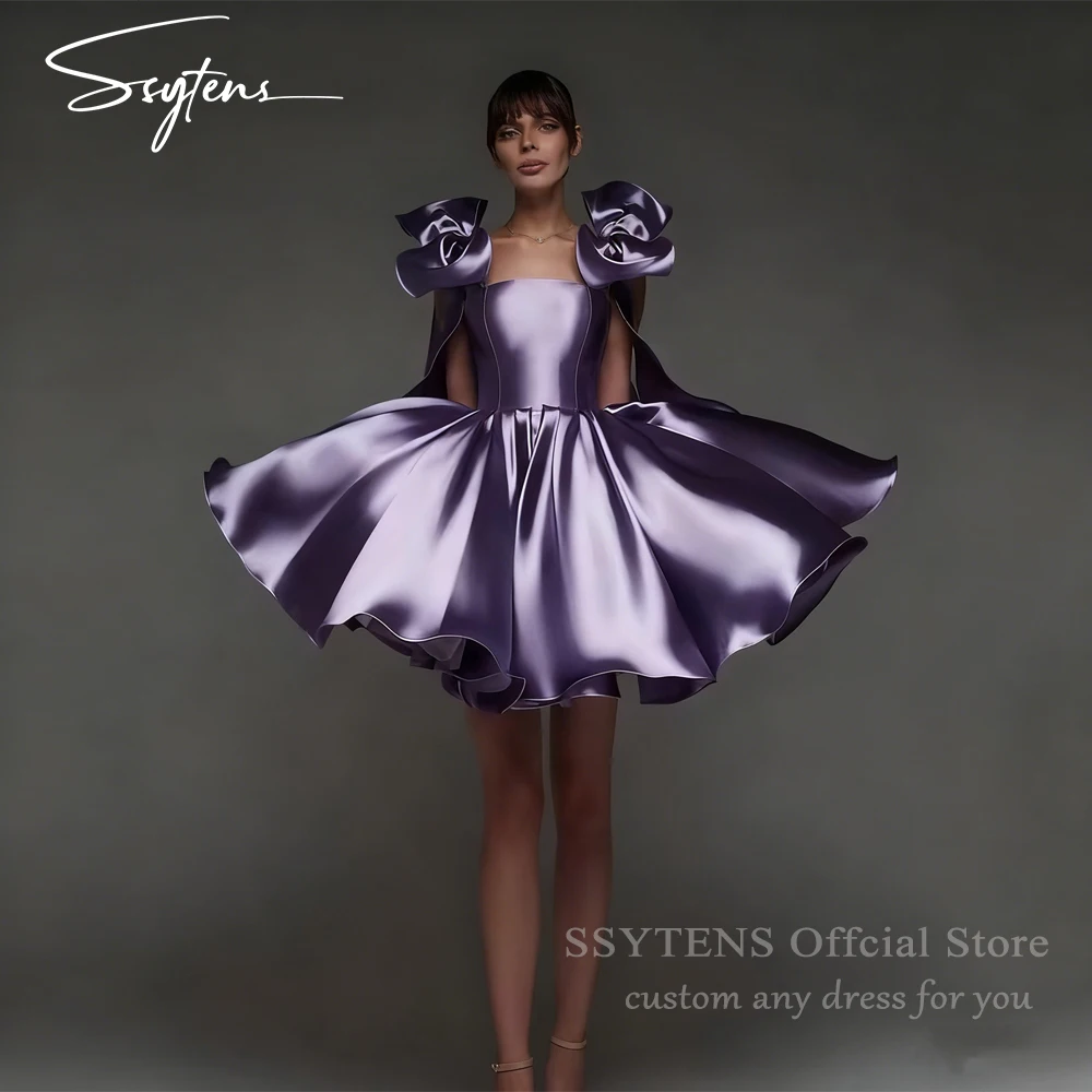 

SSYTENS Sexy Satin Prom Dresses Bow Straps Mini A Line Purple Cocktail Dress Charming Lace Up Back Vestidos De Festa Customized