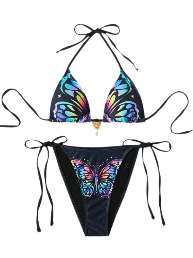 Bikini Women Swimsuit 2025 New Black Butterfly Halter Bikinis Set Sexy Swimwear Summer Lace Up 2 Piece Beach Bathing Suit Female