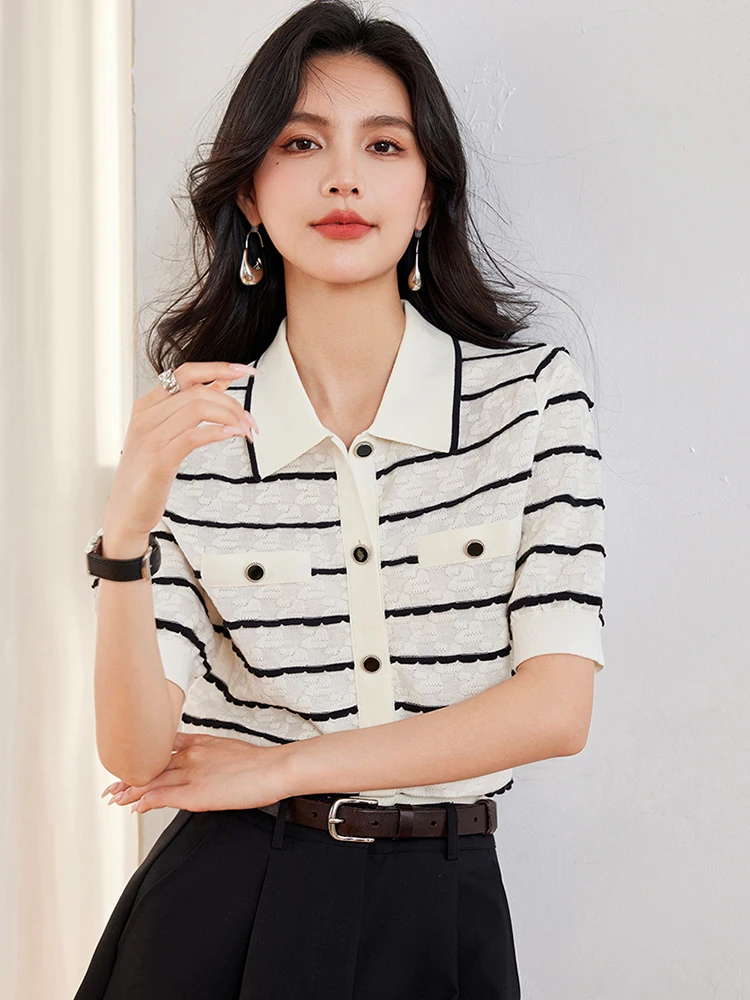 Striped Knitted Cardigan Sweater Women Short Sleeve Single-breasted Tops Jumpers 2024 Spring Stylish Fashion Chic Outwear