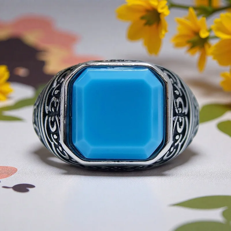 1 Pc 11*11mm S925 Sterling Silver Patterned Blue Glass Ring, Exquisite Jewelry Gift, Perfect for Mother or Wife.