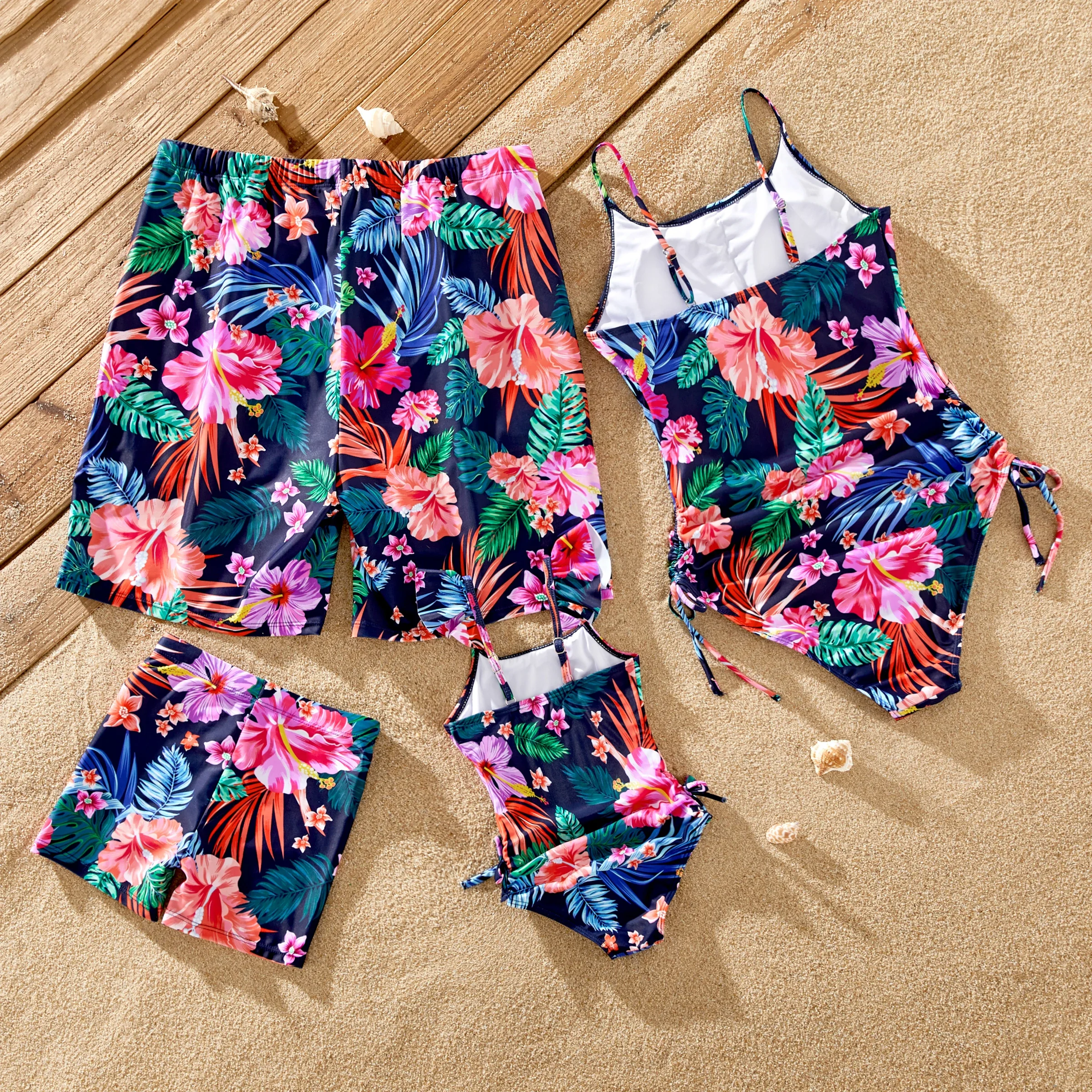 PatPat Family Matching Tropical Floral Drawstring Swim Trunks or Ruched Drawstring Side One-Piece Strap Swimsuit