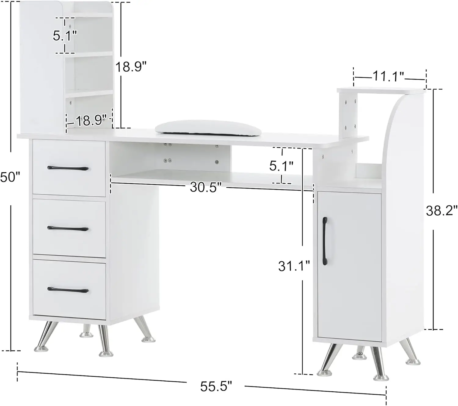 Maniküretisch, Make-up-Schminkstation, Nagelschreibtisch mit Handgelenkkissen, Beauty-Workstation, Salon, Aufbewahrungsausrüstung 2636 (weiß)