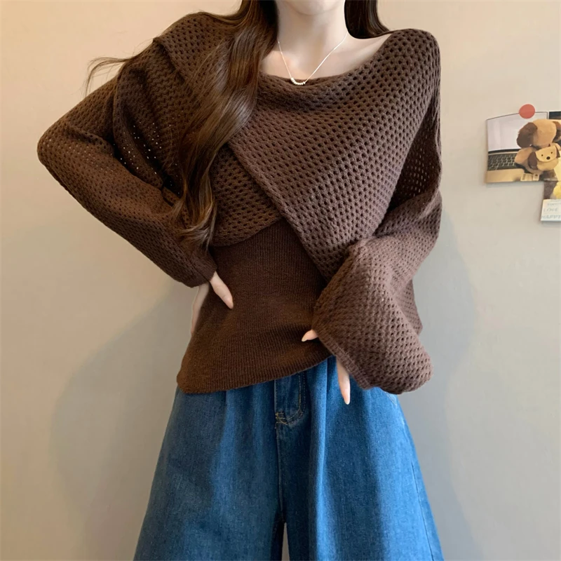 Efek Pelangsingan 2025 Musim Gugur Musim Dingin Desain Korea Baru Rajutan Penutup Bahu Wanita Set Fashion Lengan Panjang...