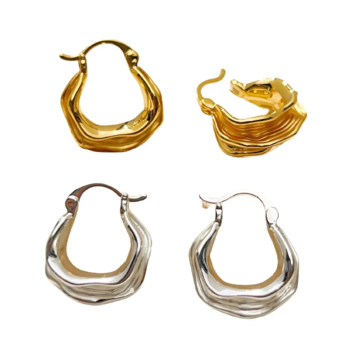Metal glossy earrings, fashionable and versatile, irregular earrings, pleated earrings, high-end accessories