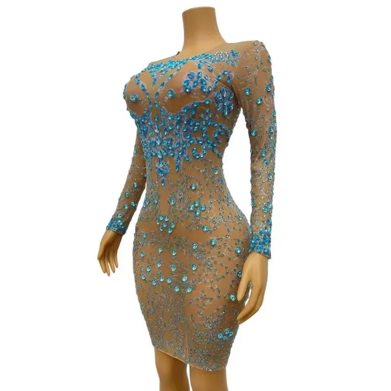 Vestido transparente de manga larga con diamantes de imitación azules brillantes para escenario, disfraz para sesión de fotos elástico para celebración de cumpleaños y noche
