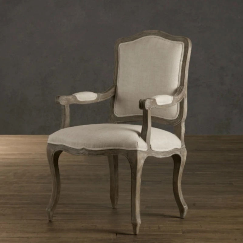 LTT French country retro solid wood dining chair modern simple linen soft bag home office chair