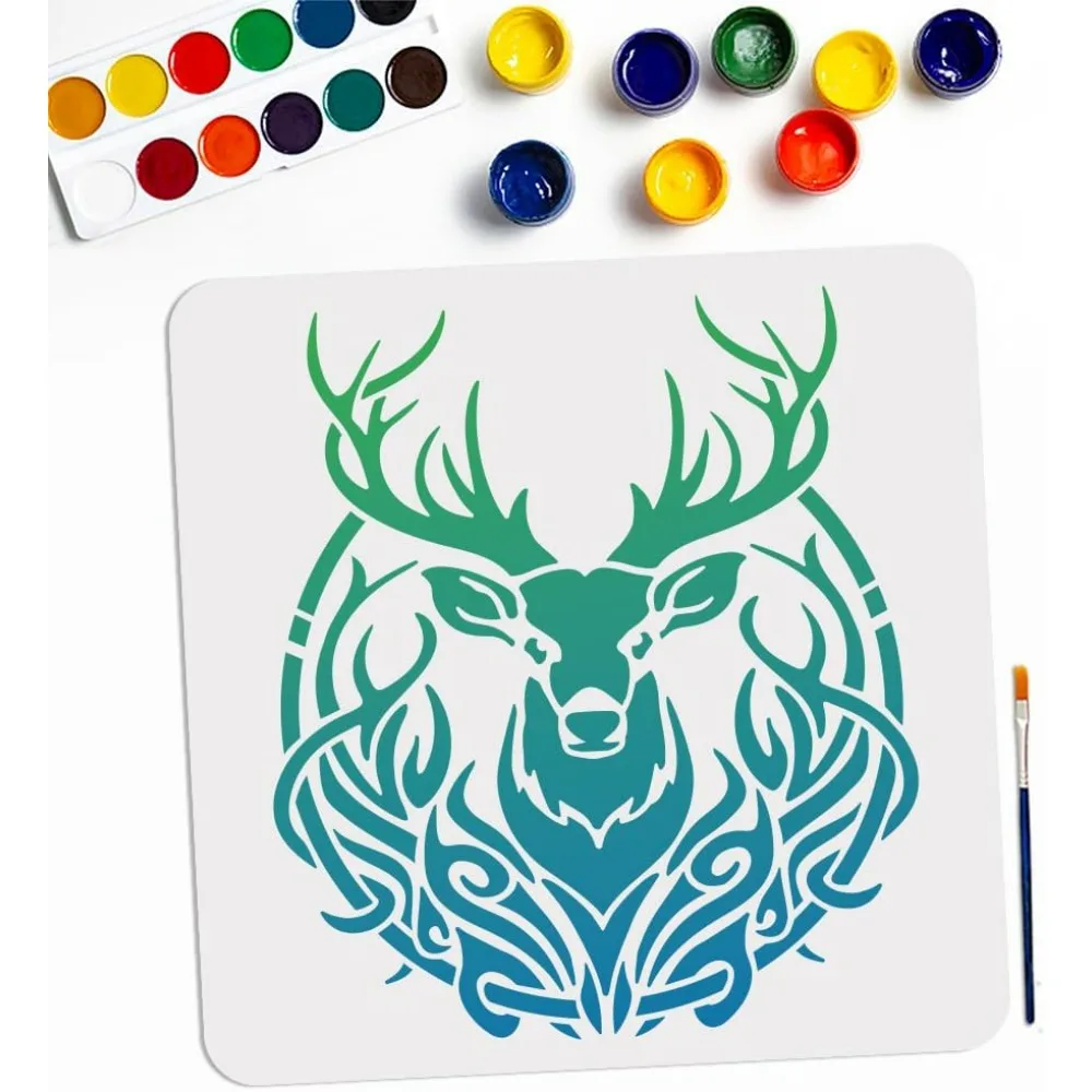 Large Deer Head Stencil 11.8×11.8inch Reusable Deer Antler Head Template with Paint Brush Deer Buck Forest Animal Wildlife