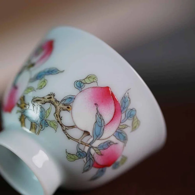 Chai Kiln Hand Painted Pastel Peach Solid Egg-Shell Porcelain Antique Green Master Cup 60ml Jingdezhen Literati Tea Ware Persona