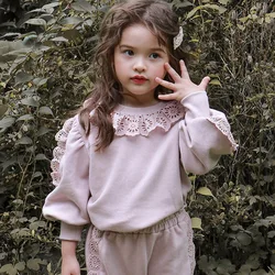 Kids Clothing for Girsl T-shirt Solid Color 2023 Autumn Korean Fashion Lace Loose Pullover Long Sleeve O-neck Simple Style