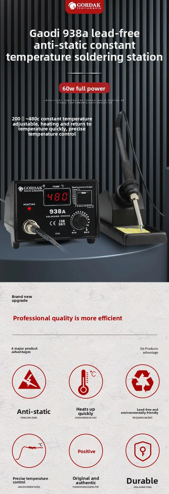 Gordak 938A Lead-free Anti-static Constant Temperature Adjustable Soldering Station Phone Repair Tool