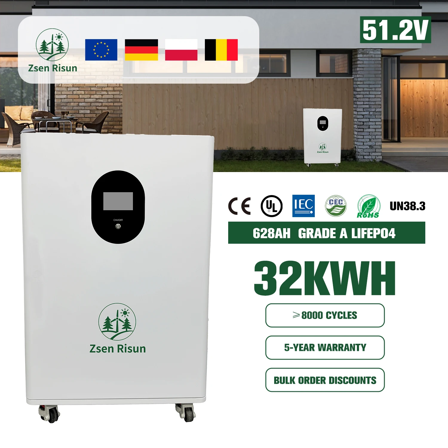 Solar Energy Storage System LifePO4 32kWh 51.2V 628Ah 200A Battery with Grade-A Cells and Wheels