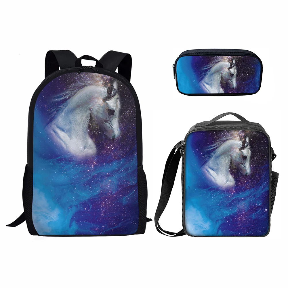 3Pcs Creative Funny Starry Sky Animal Print Set with Lunch Bag Pencil Bag Student Backpack Boys Girls Casual Storage Backpack