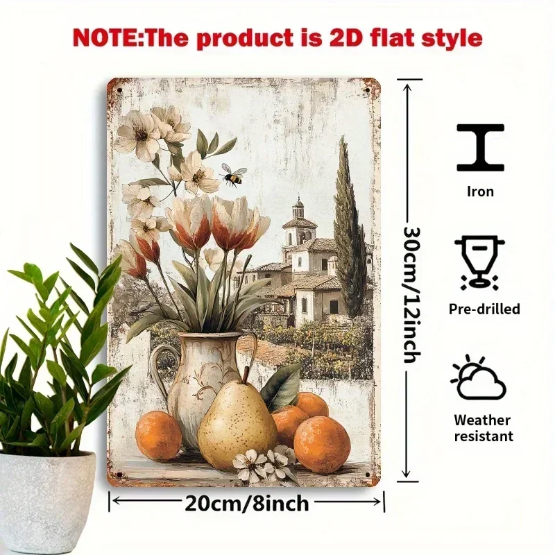 2D Flat Tuscan Villa Floral And Fruit Iron Wall Art | 8X12 Inches, Vintage Style, Ideal For Living Room, Bedroom