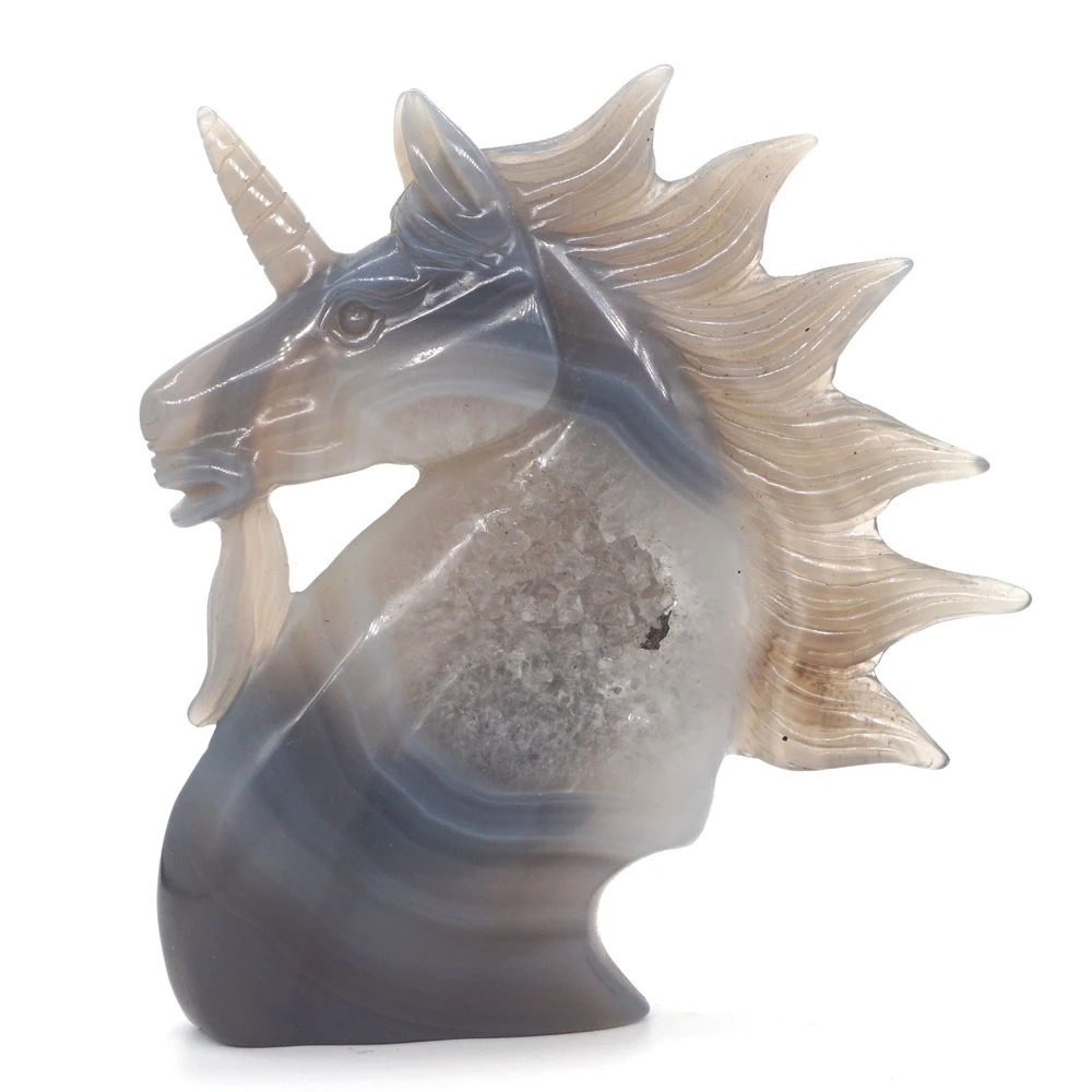 

Unicorn Head Statue Figurine Stone Natural Agate 4.9"Animal Quartz Crystal Healing Craft Sculpture Specime Collection Home Decor