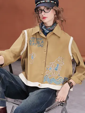 Women Embroidered Short Shirt Loose Fit Blouse Cropped Casual Cotton Top Long Sleeve Fashion Streetwea