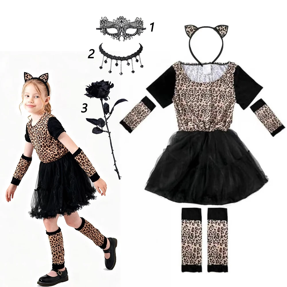Kinder-Halloween-Rollenspiel-Kostüm: Schwarzes Katzen-Tüllkleid für Mädchen mit Stirnband, Besen und Süßigkeitentasche für Halloween-Partys und Aufführungen – Detail 2