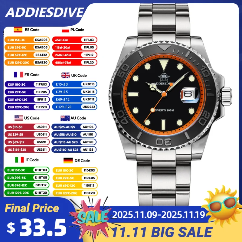 

ADDIESDIVE Men's Watch Classic Bezel Stainless Steel 200M Waterproof Diving Watch BGW9 Luminous Quartz Watches Relogio Masculino