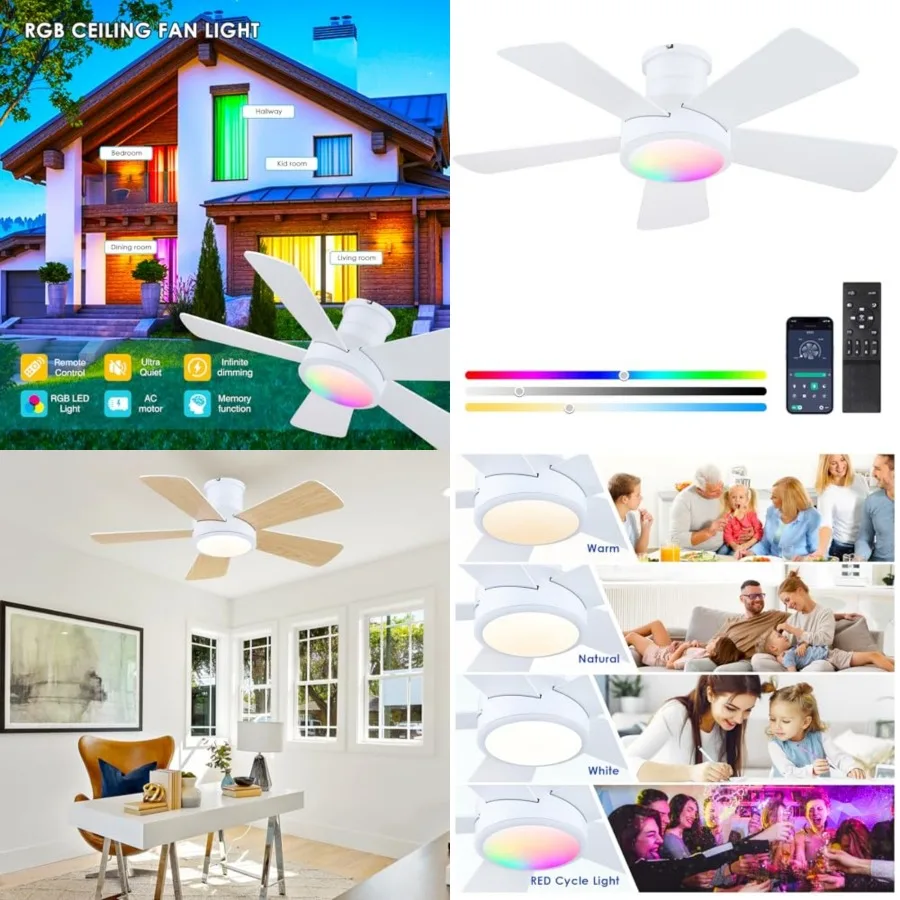 

40" RGB Ceiling Fan with Light and Remote, Low Profile Flush Mount Smart Fan with App Control, Quiet Reversible DC Motor, Moder