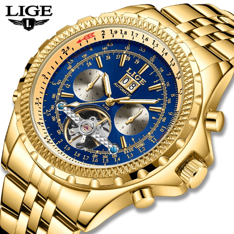 LIGE Brand Gold Watch Men Automatic Tourbillon Mechanical Watch for Men Week Date Luminous Waterproof Men\'s Watches Reloj Hombre