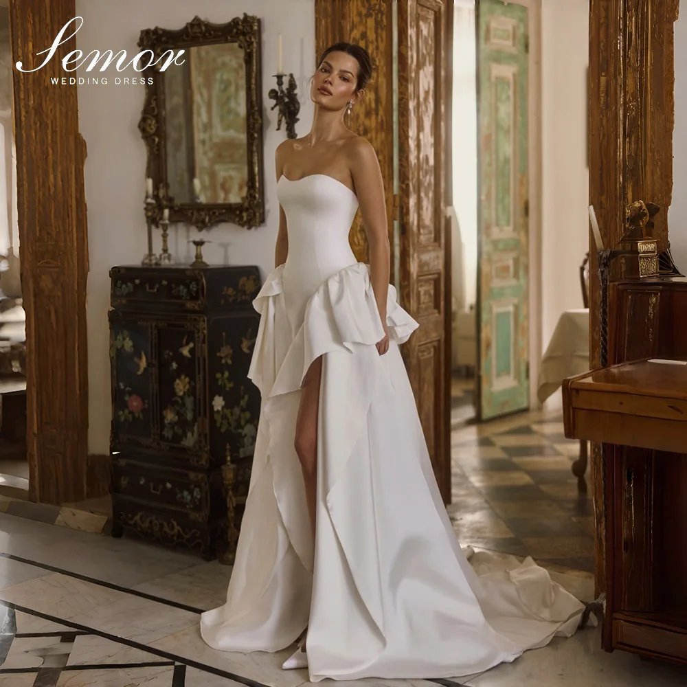 Semor Customized Strapless Satin Wedding Dress High Slit Bridal Gown Big Ruffle Side Detailing Long Train Elegant robe de mariée