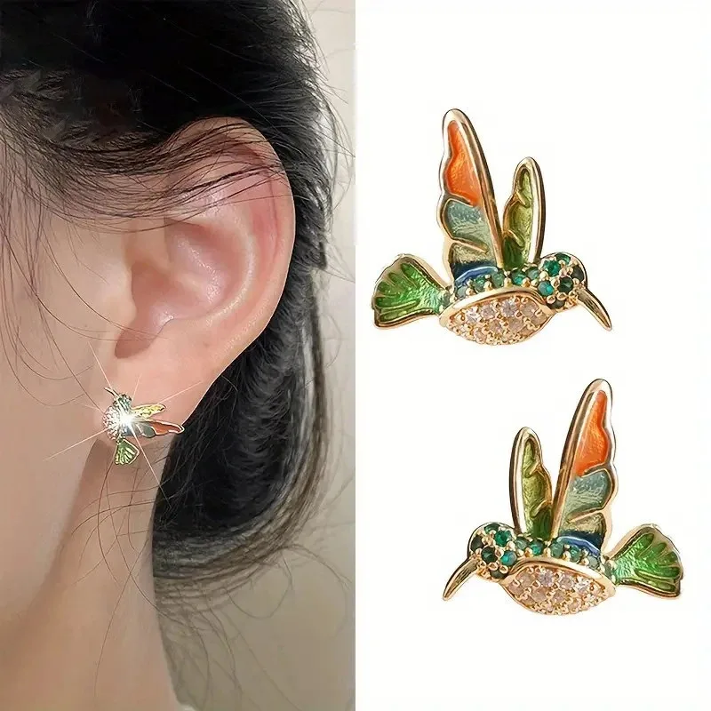 New Cute Metal Enamel Bird Post Hummingbird Earrings for Women Clear Zircon Elegant Holiday Accessories Fashion Jewelry Fancy