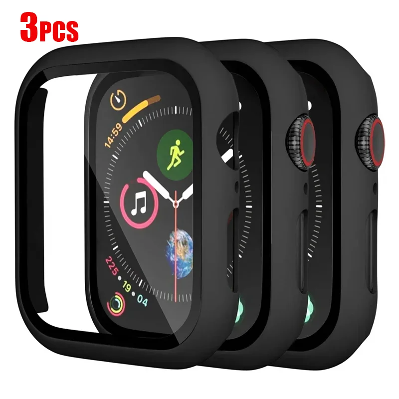 3PCS Tempered Glass+cover For Apple Watch Accessories 45mm 41mm 44mm 40mm Screen Protector Apple watch Case serie 9 4 5 6 SE 7 8