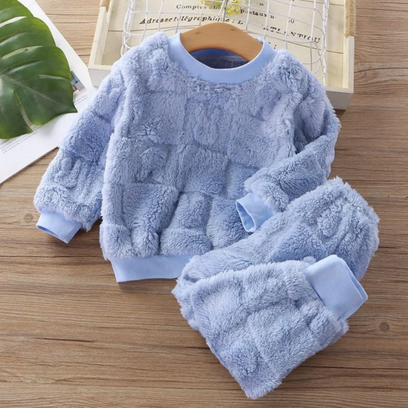 2Pcs Autumn Winter Children Pajamas Sets Boys Girls Warm Plush Long Sleeve Thickened Tops+Pants Kids Home Clothing Suits