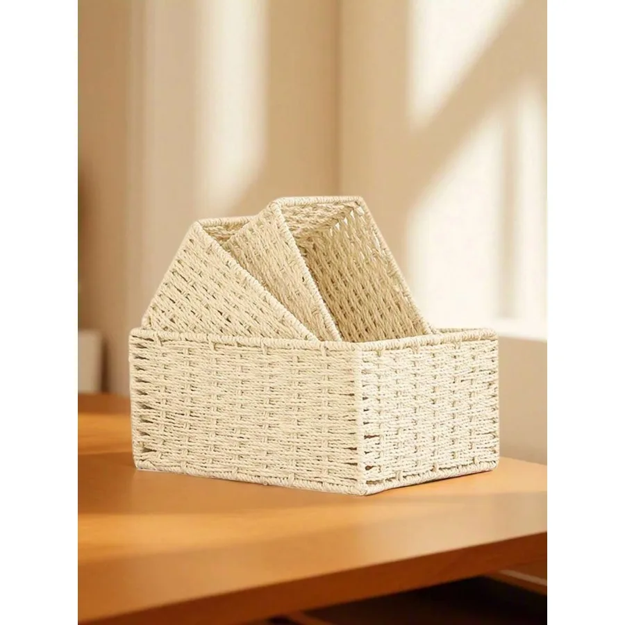 

1pc/3pcs Desktop Storage Basket Rattan Woven Tray For Cosmetics Keys Snacks Home Living Room Organizer S/M/L Size Available Han