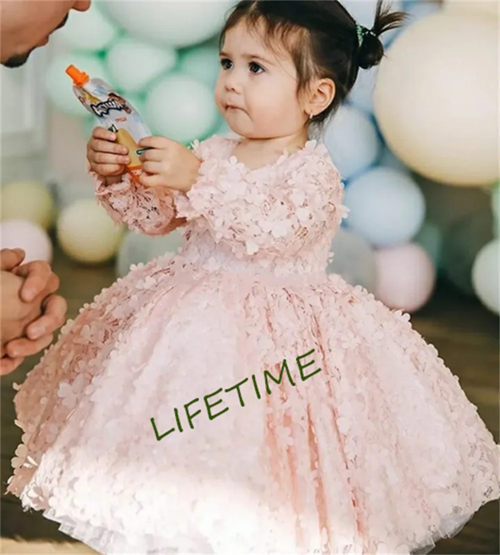 Toddler Girls Dress Pink Floral Lace Girls Birthday Party Dress Long Sleeve Ball Gown Clothes Photography Props