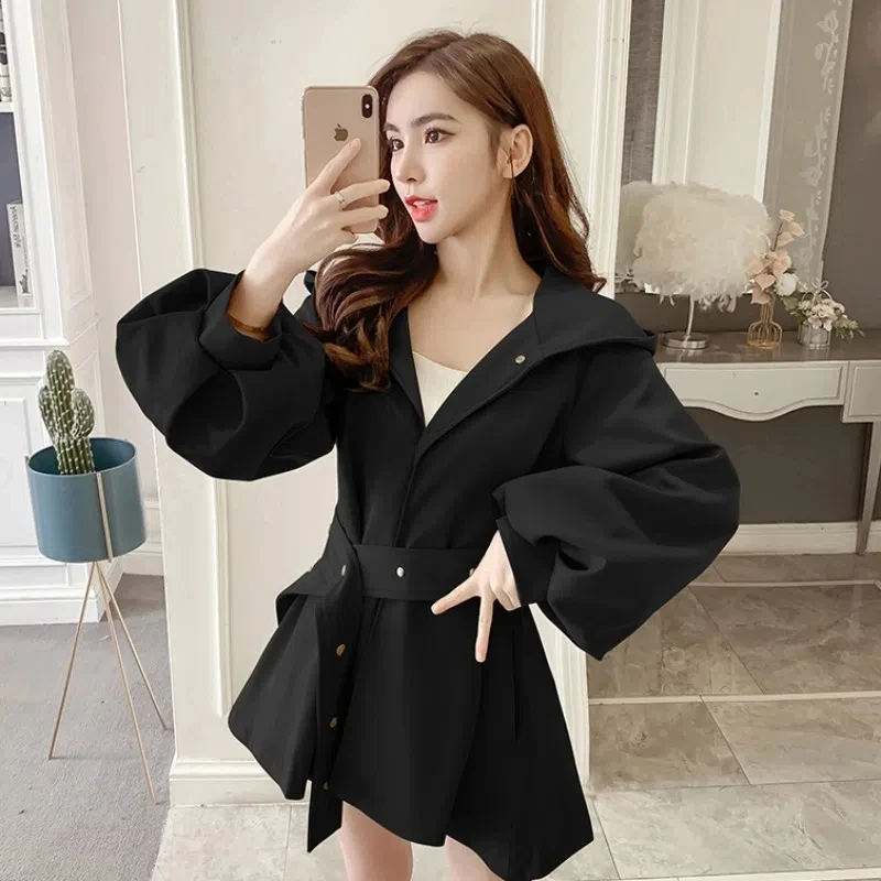 Trench coat feminino 2025 primavera outono moda all-match hepburn blusão jaqueta feminina com capuz cintura lanterna manga outerwear