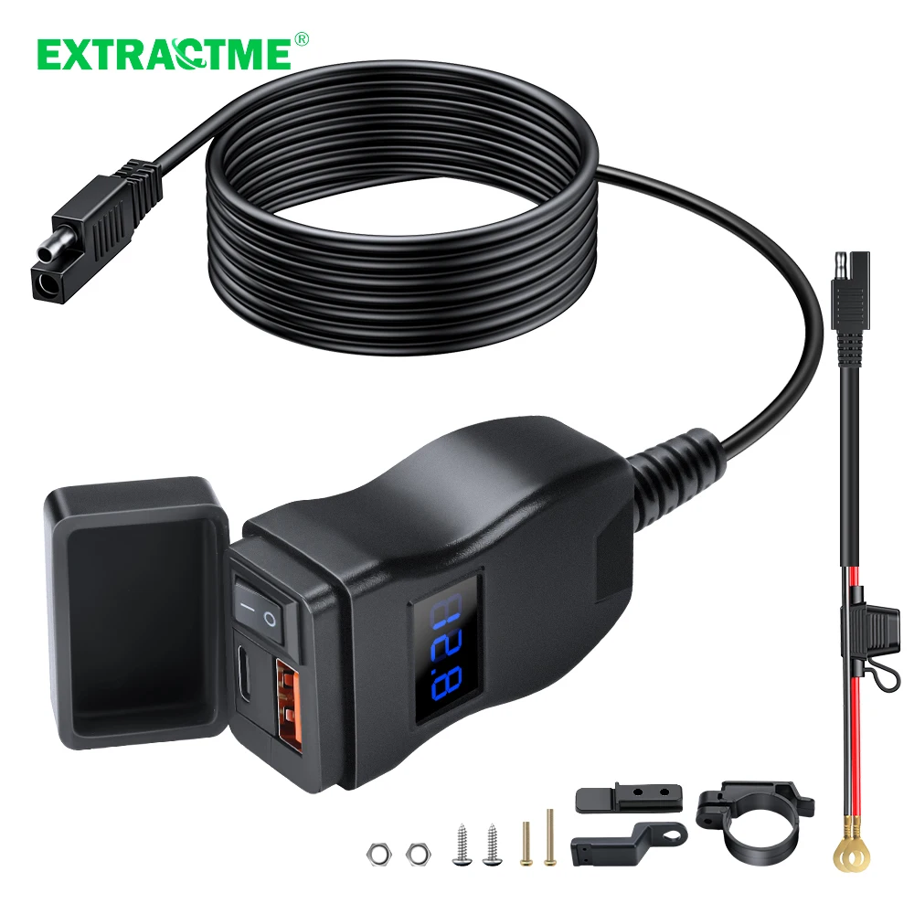 Extractme Motorcycle Usb Fast Cellular Charger Waterproof Type C Port Socket Connector With Cell Mobile Voltmeter Digital Charge