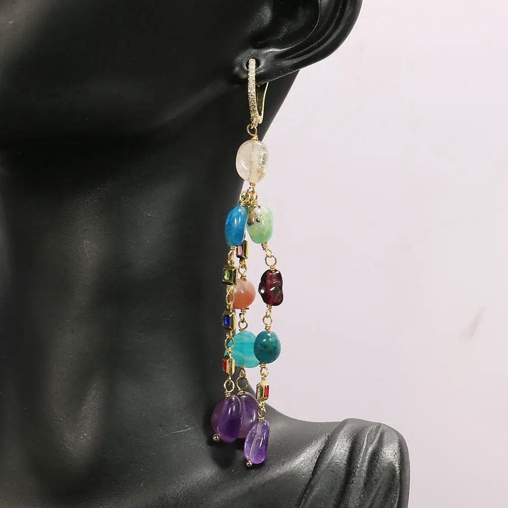 G-G Multi Color Gems Stone Amethyst Nugget Crystal Chain CZ Hook Earrings Holiday Wedding Jewelry Gifts