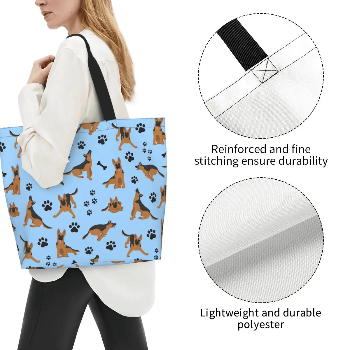 German Shepherd Pattern In Blue Shopping Tote Bag Canvas Large Capacity Shoulder Bags Shopper Grocery Handbag for Women