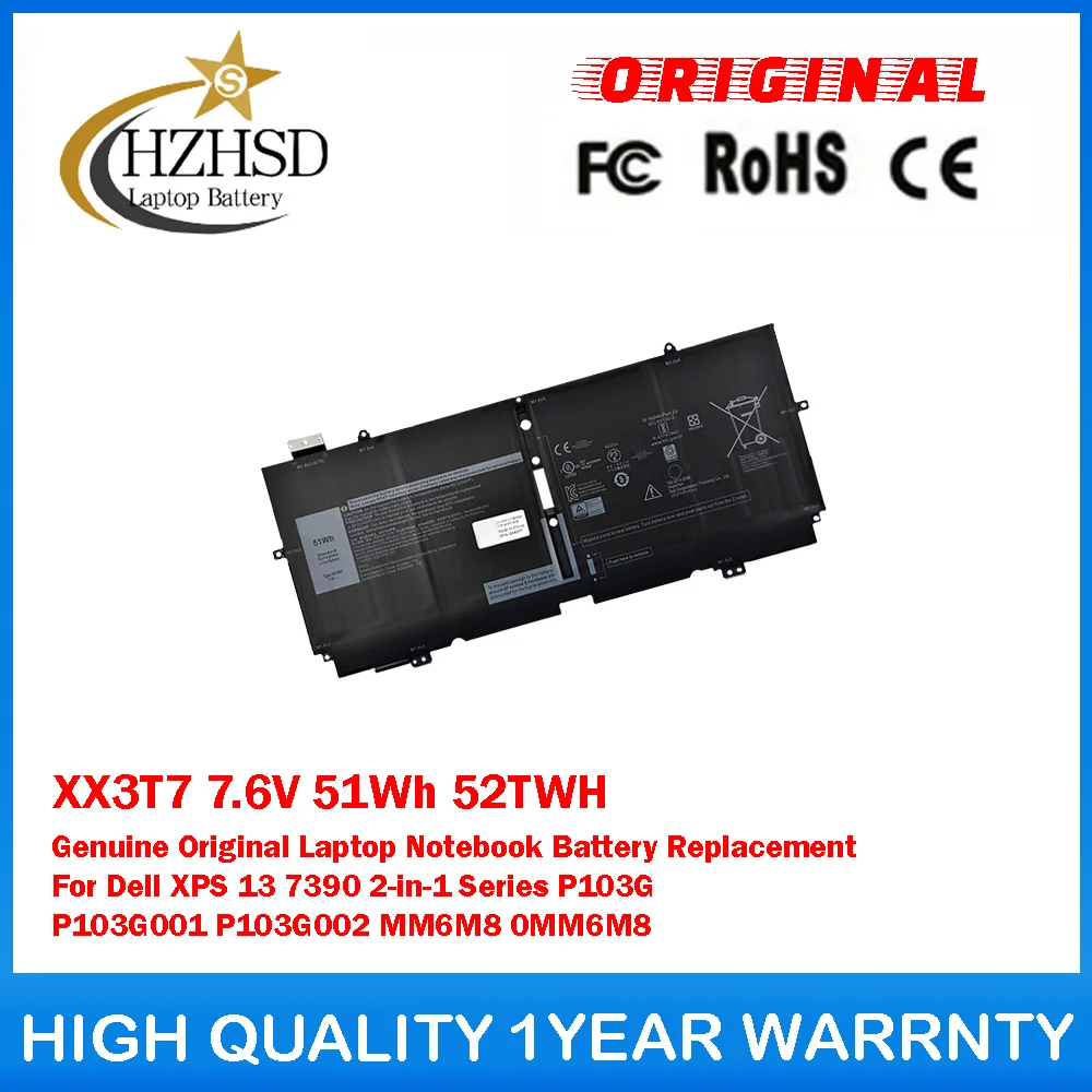 

XX3T7 7.6V 51Wh 52TWH Genuine Original Laptop Battery For Dell XPS 13 7390 2-in-1 Series P103G P103G001 P103G002 MM6M8 0MM6M8