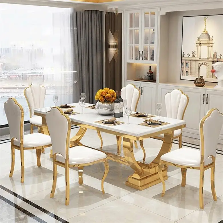 Light Luxury Kitchen Table With Marble Rectangle Stable Gold Plated Stainless Steel Frame Dining Table And Chairs Combination